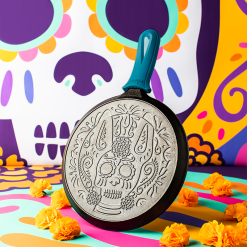 Lodge 10.5 Inch Seasoned Cast Iron Xolo Sugar Skull Griddle with Deluxe Handle Holder