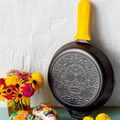 Lodge Seasoned Cast Iron Sugar Skull Skillet with Deluxe Handle Holder